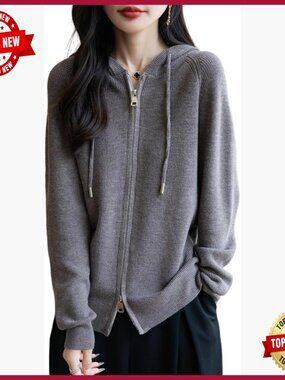 Women's Merino Wool Blend Hooded Cardigan Zip Up Sweater